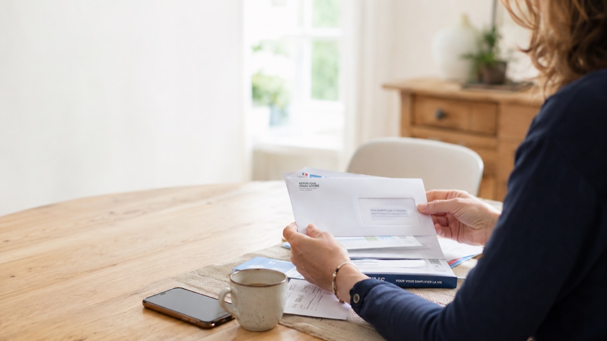 Une femme lit un courrier de l'administration française, un avis d'impôt, à la table de sa cuisine